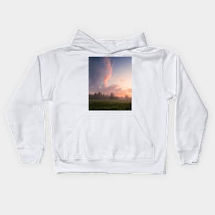 Misty meadow sunrise landscape Kids Hoodie